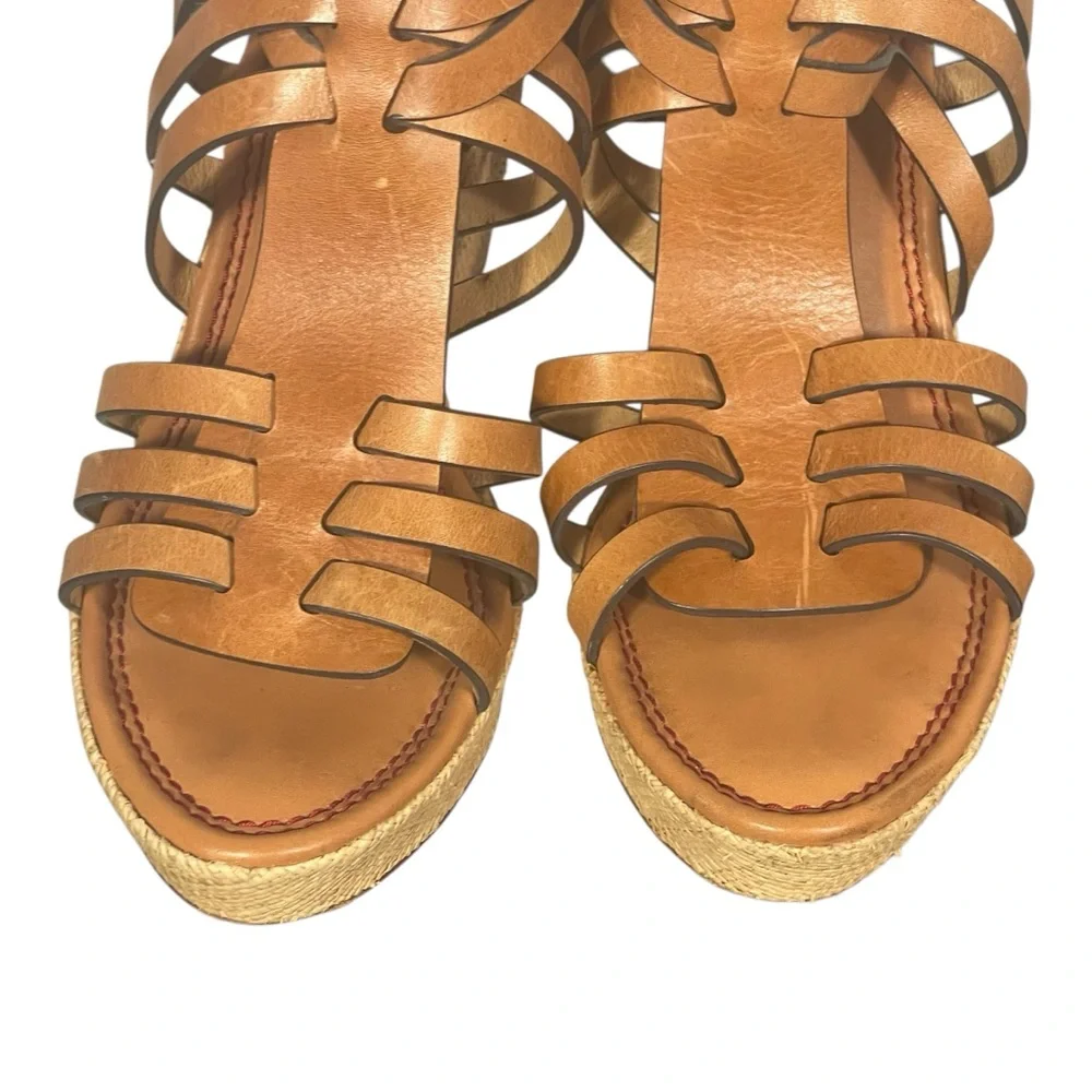 Trask Brown Leather Strappy Jute Wedge Platform Buckle Sandals Heels Sz 9